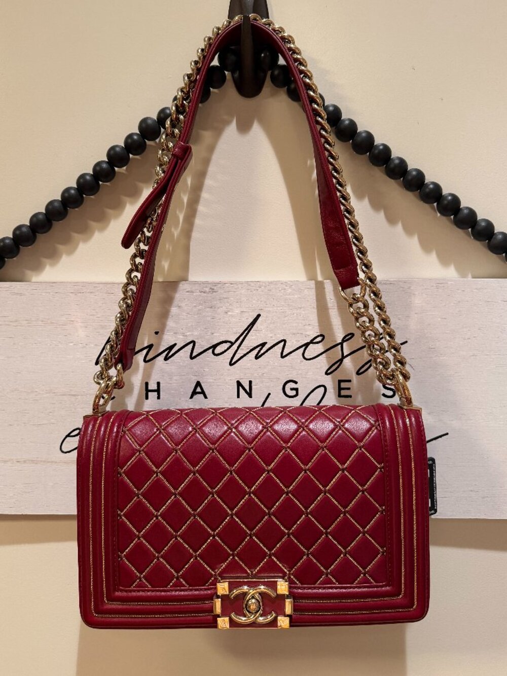 CHANEL Red Lambskin Leather Micro Chain Quilted Medium Boy Bag Gold Purse RARE